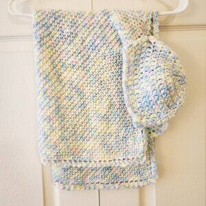 Handmade Baby Blanket & Hat Set, Pastel Rainbow Knitted Set